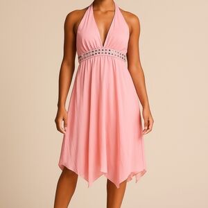 Pink Halter Dress with Embellished Waist